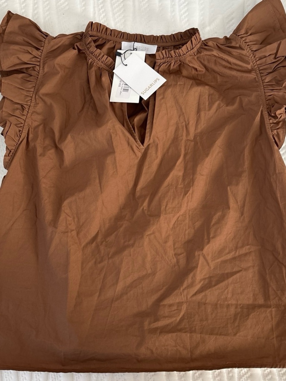Sugarlips Brown Ruffled Elastic Neckline Blouse